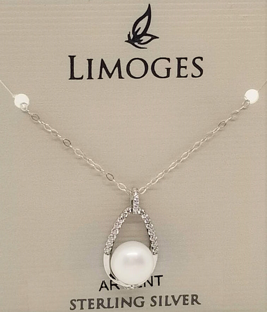 Sterling silver 18" chain with sterling silver teardrop shaped pendant with cubic and pearl