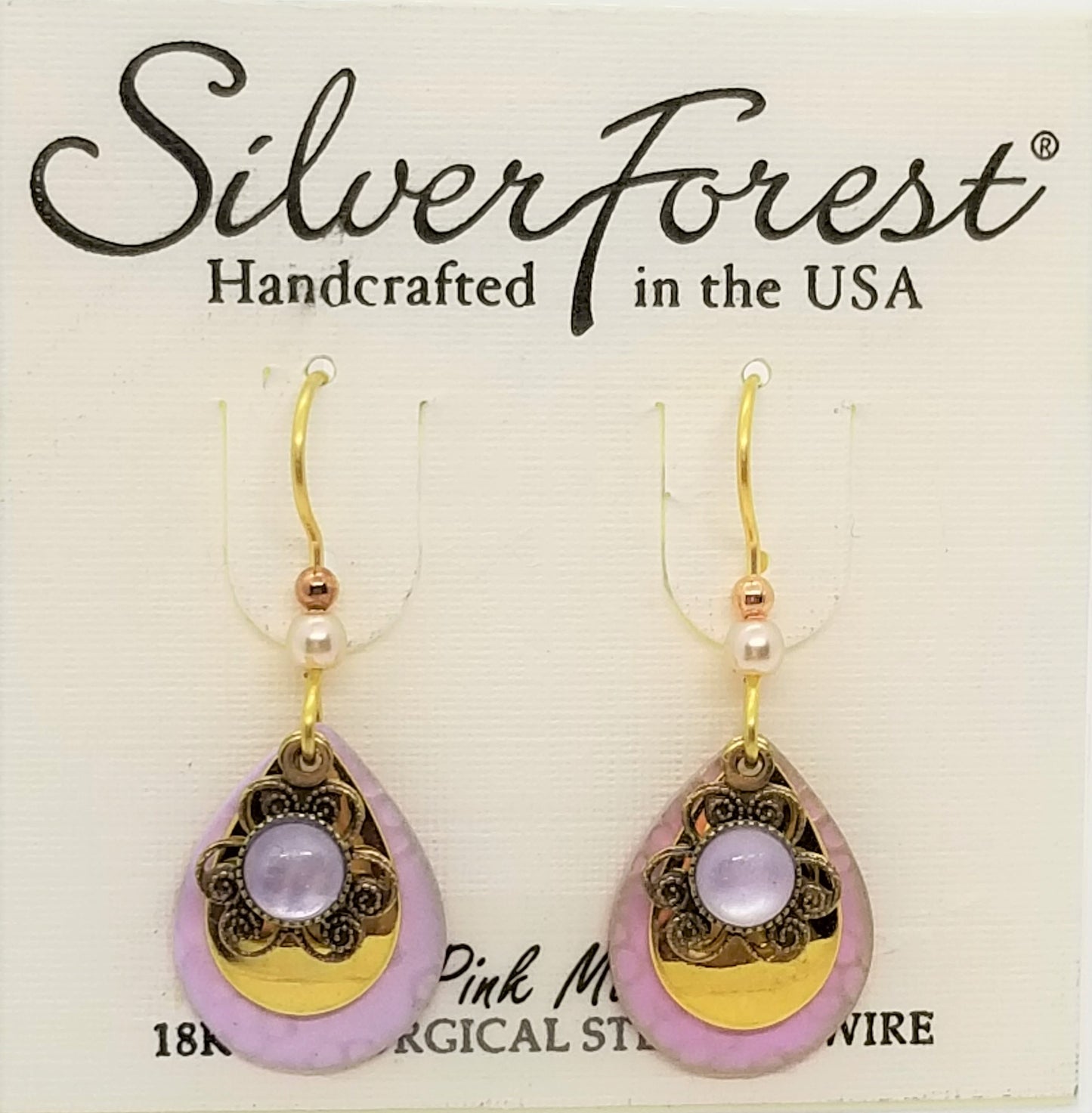 Silver forest 18kt on surgical steel ear wire pink mussel earrings