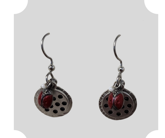 Silver Forest surgical steel ear wire earrings with ladybugs and round silver discs