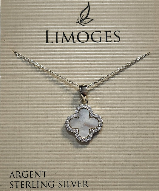 Sterling silver chain with cross pendant set with cubic zirconia's surrounding mother of pearl
