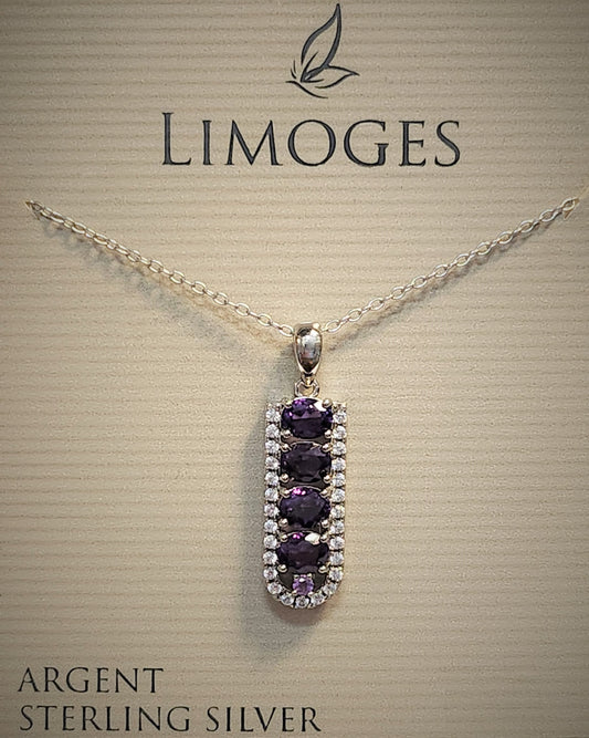 Sterling silver chain with long rectangular pendant set with 5 Amythest gemstones surrounded by cubic zirconia's