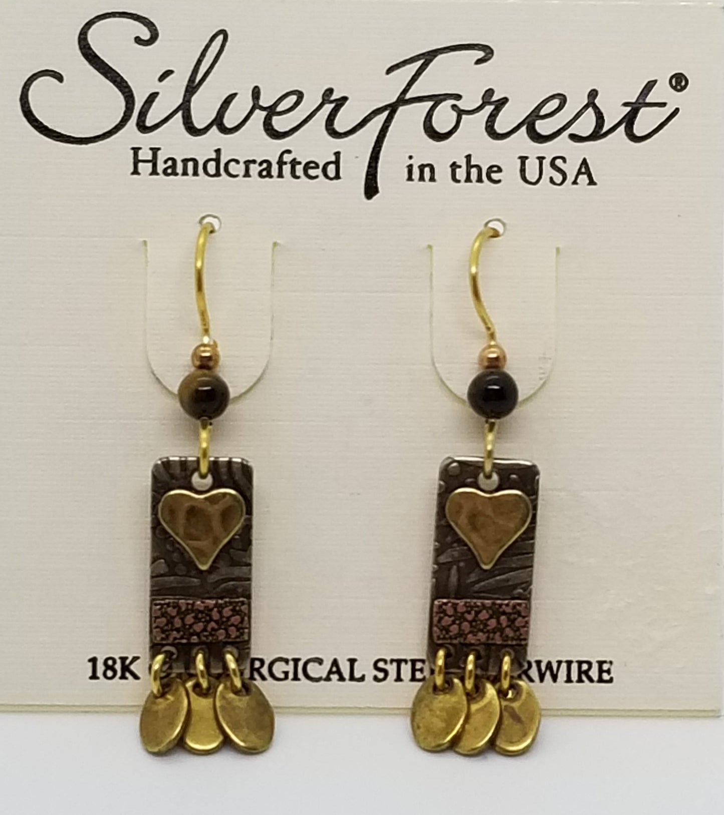 Silver forest 18kt gold plated rectangle and heart surgical steel earrings