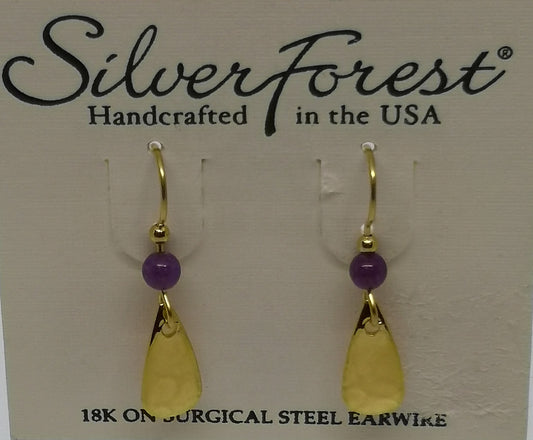 Silver forest 18kt gold plated surgical steel earrings with purple bead