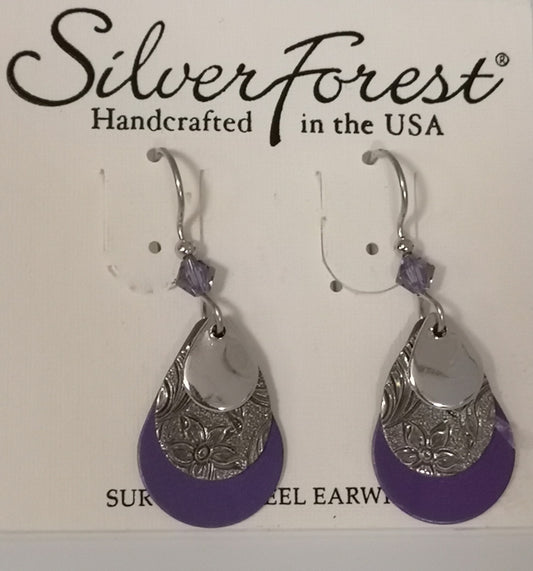 Silver forest surgical steel purple tear drop shaped earrings