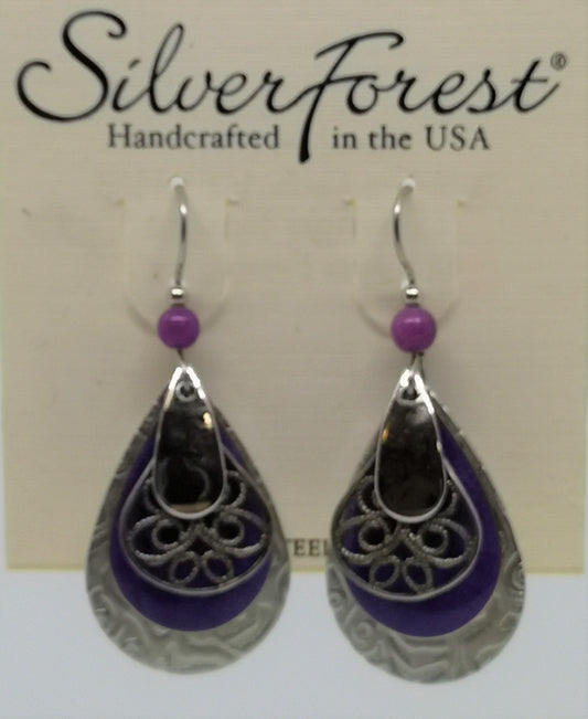 Silver forest surgical steel purple bead and tear drop shaped earrings