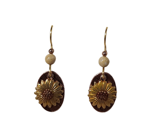 Silver forest 18kt gold plated on surgical steel ear wire flower and oval disc earrings