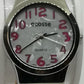 Fashion watch with red bangle strap with white, yellow and green polka dots, large numbers