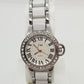 Silver base metal watch with rhinestones around crystal and white in center of strap